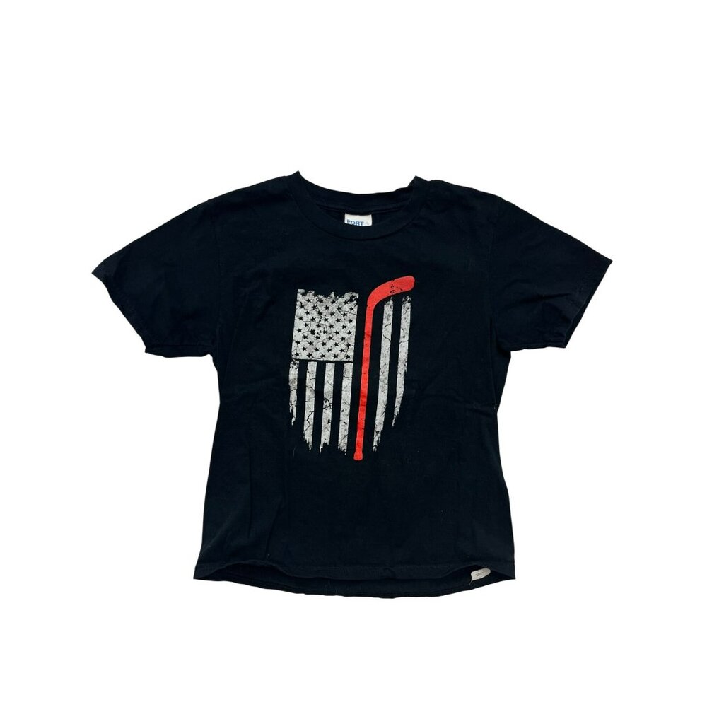 Boys Port & Company Black T-Shirt With American Flag & Hockey Stick #6307